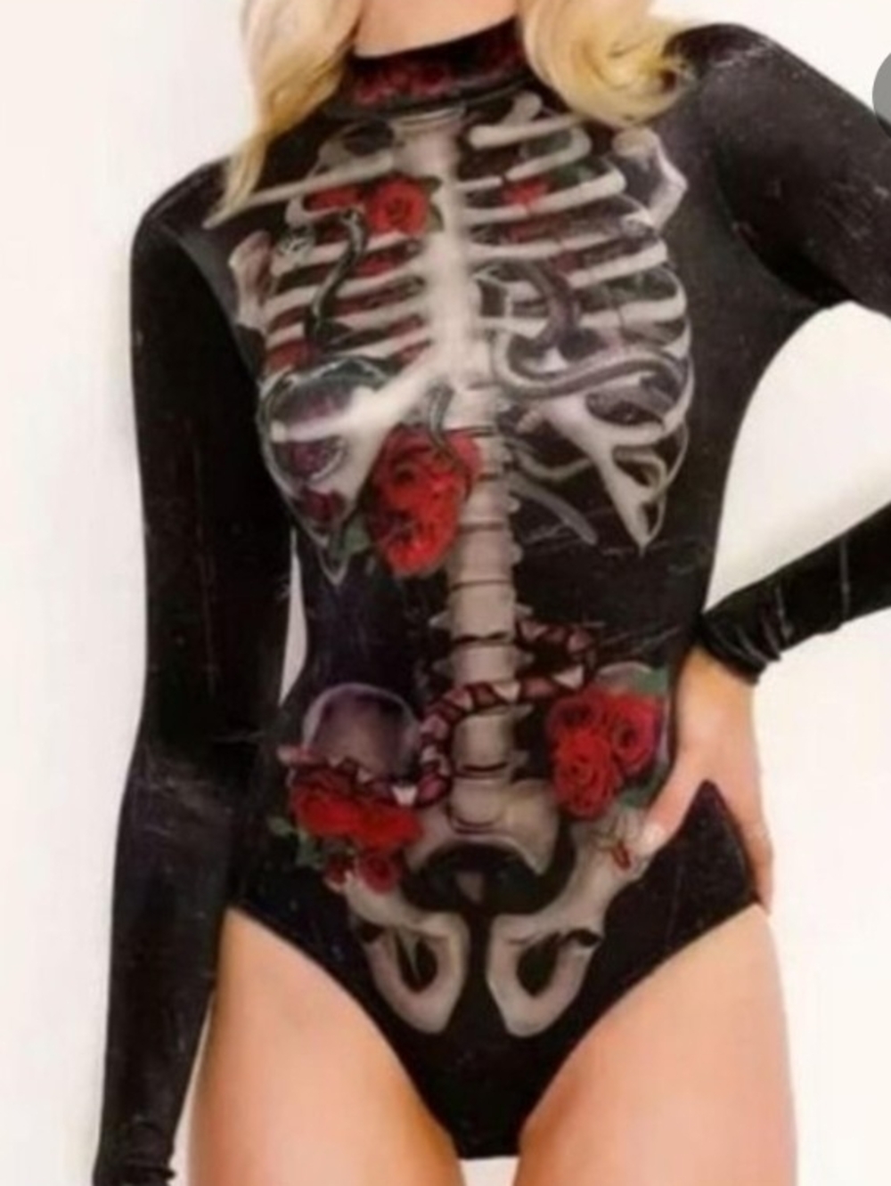 Blackmilk Black Skeleton & Red Rose Long-Sleeve Bodysuit